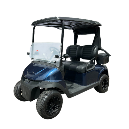 Patriot Blue EZGO RXV two seater golf cart with black seats